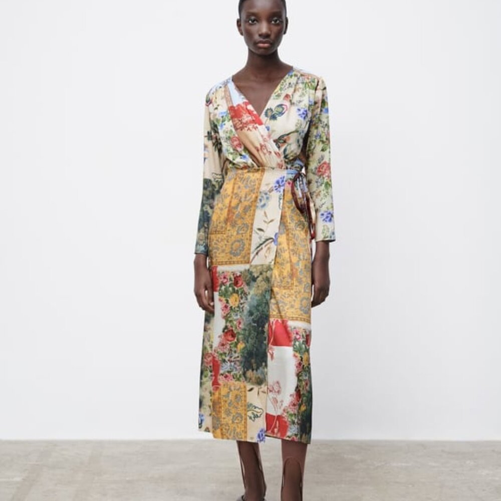 SOLD Zara Vintage Inspired Patchwork Wrap Dress Fall Colors Size XL